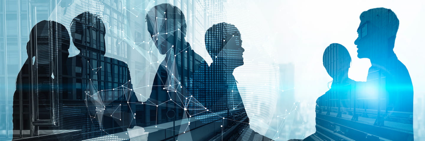 Silhouettes of business professionals overlapping with an urban skyline and digital network graphics, conveying concepts of connectivity and international business education.