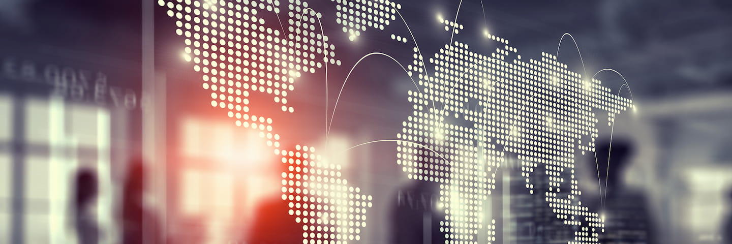 Abstract digital map overlay with connecting lines on a blurred office background, symbolizing international business networking and data exchange.