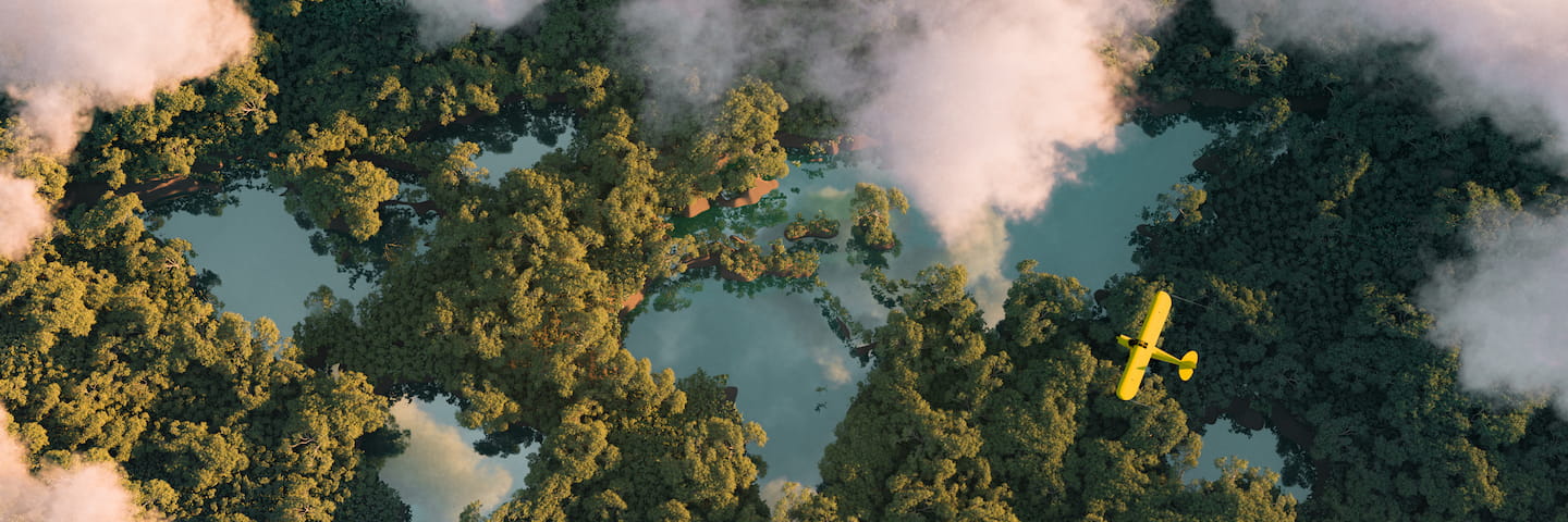 Aerial view of a lush, dense forest with a serpentine river meandering through, partly obscured by clouds, featuring perspectives utilized in sustainability degrees, with a yellow biplane flying low over the canopy.