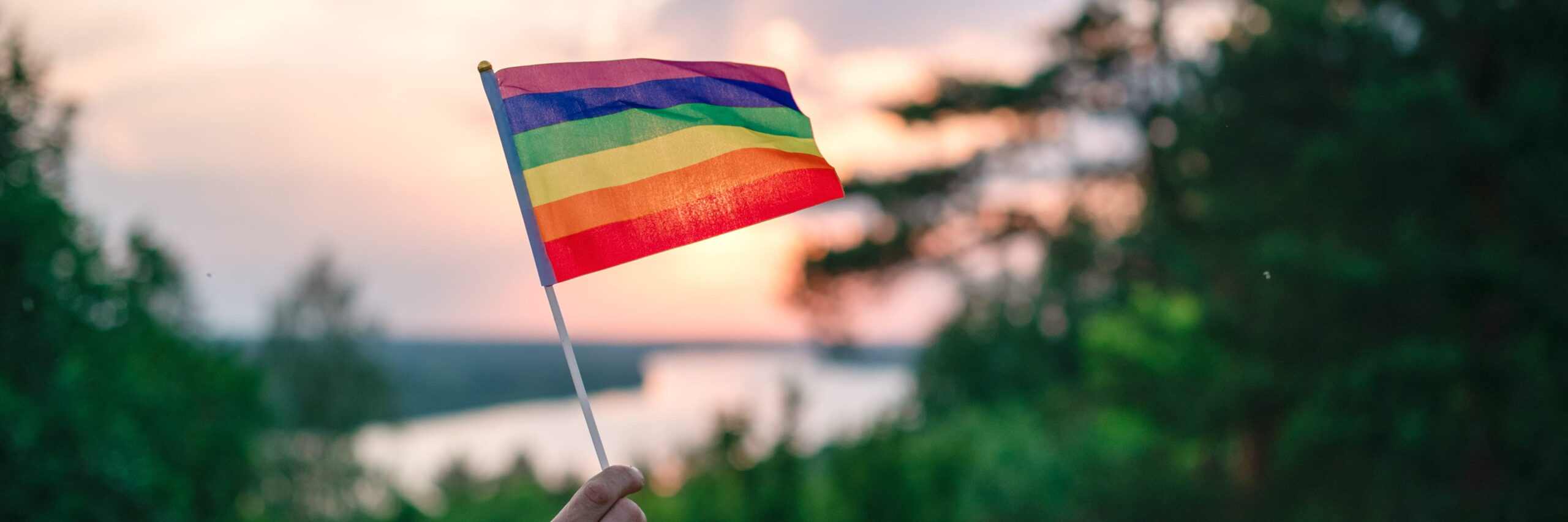 A hand holds a vibrant rainbow flag aloft against a serene sunset background with a lake and dense trees, symbolizing the ultimate resource for LGBTQIA+ scholarships.